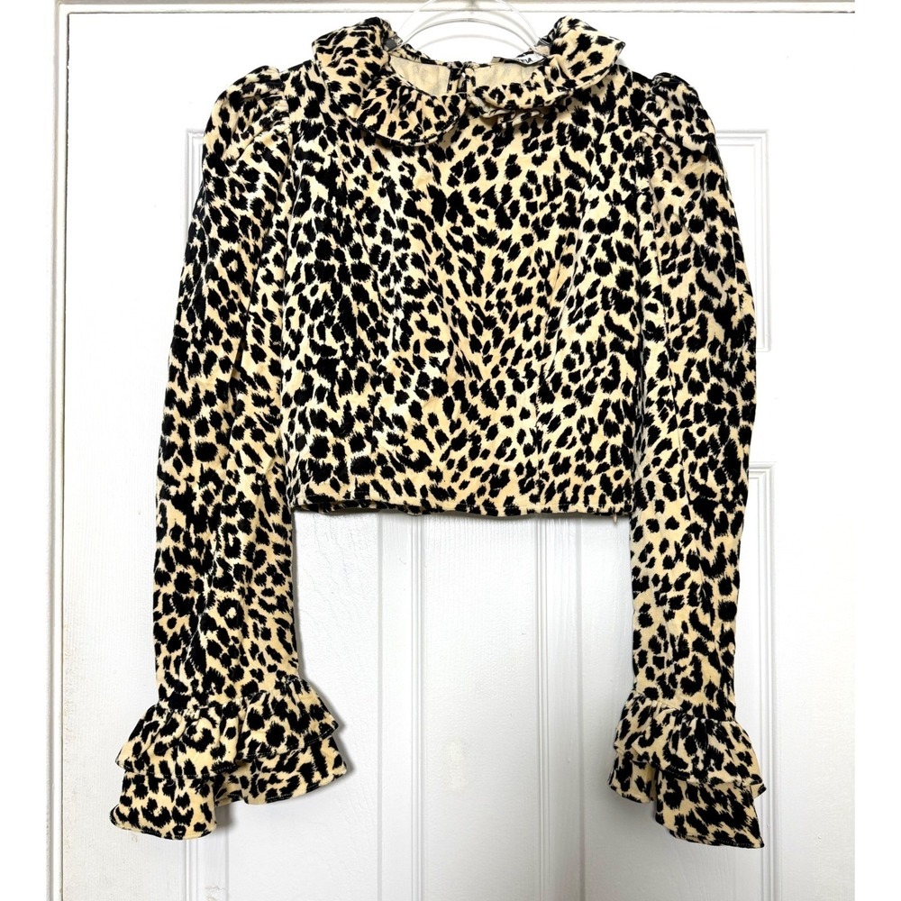 Batsheva Y2K Leopard Velvet Crop Top Peter Pan Collar Puff Sleeve Size 6